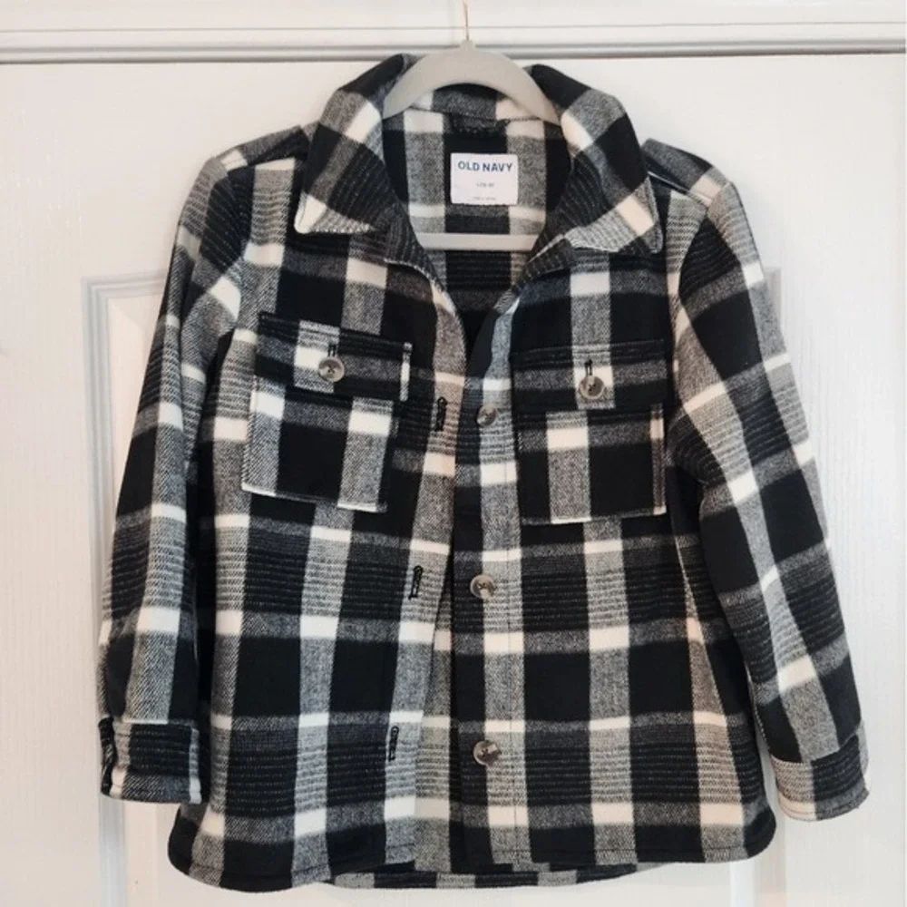 Old Navy Black Plaid Flannel Shacket Kids‎ Unisex Sz 10 Wool Blend Camping